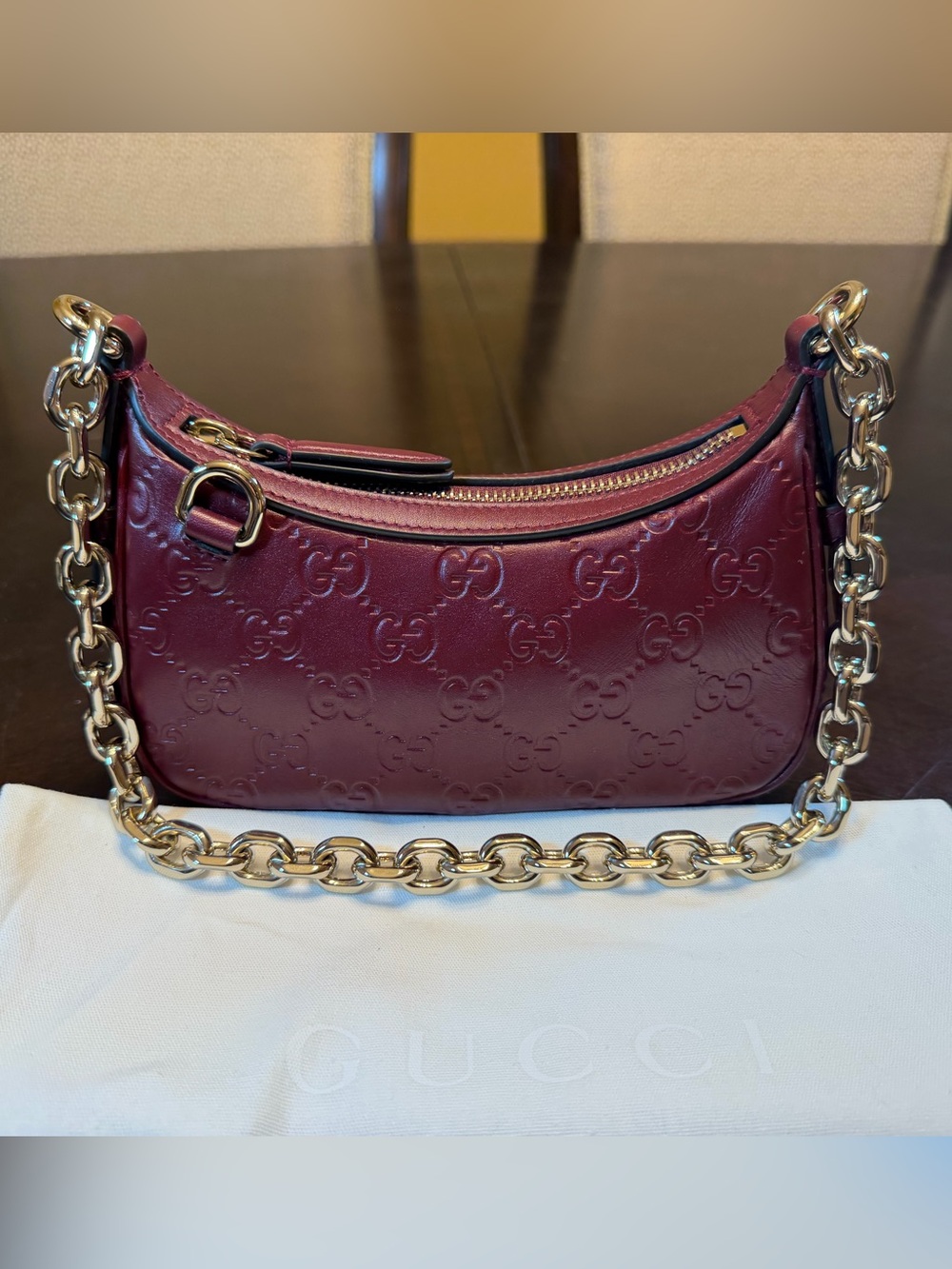 New Authentic Gucci GG Logo Embossed Leather Shoulder Bag Burgundy - Picture 15 of 15